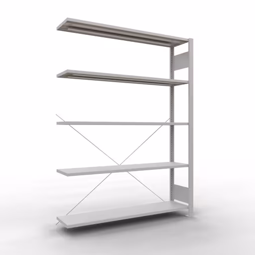 Scaffale aggiuntivo, scaffale per ufficio, sistema a innesto MULTIplus85, 1800 x 1300 x 300 mm (AxLxP), 5 ripiani, traversa, senza barra di arresto, grigio chiaro di Schulte Lagertechnik Scaffale aggiuntivo, scaffale per ufficio, sistema a innesto MULTIplus85, 1800 x 1300 x 300 mm (AxLxP), 5 ripiani, traversa, senza barra di arresto, grigio chiaro, sistema a innesto, articolo n. 36023