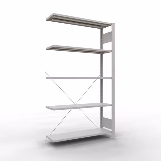 Scaffale aggiuntivo, scaffale per ufficio, sistema a innesto MULTIplus85, 1800 x 1000 x 300 mm (AxLxP), 5 ripiani, traversa, senza barra di arresto, grigio chiaro di Schulte Lagertechnik Scaffale sovrapponibile, scaffale per ufficio, sistema a innesto MULTIplus85, 1800 x 1000 x 300 mm (AxLxP), 5 ripiani, traversa, senza barra di arresto, grigio chiaro, sistema a innesto, articolo n. 36022