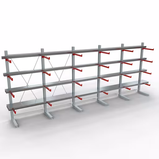 Autre vue de l'article Étagère complète K 6000, unilatérale, 3000 x 7500 x 750 mm, RAL 7001 / RAL 3000, 5 niveaux de stockage de la catégorie rayonnages cantilever