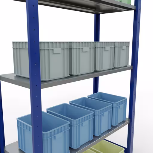 Scaffale base, scaffale, sistema a innesto MULTIplus150, 2000 x 1000 x 400 mm (AxLxP), 5 ripiani, barre longitudinali, RAL 5010 blu genziana/zincato con l'articolo n. 12740-LR-B Scaffale base, scaffale, sistema a innesto MULTIplus150, 2000 x 1000 x 400 mm (AxLxP), 5 ripiani, barre longitudinali, RAL 5010 blu genziana/zincato di Schulte Lagertechnik della categoria Sistema a innesto