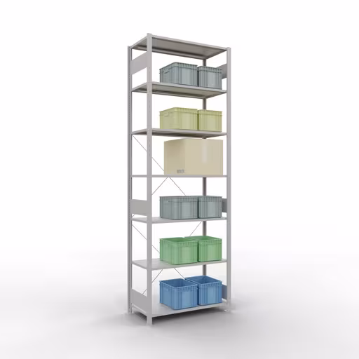 Image du produit n° 16 de l'article étagère de base, étagère, système enfichable MULTIplus85, 3000 x 1000 x 500 mm (HxLxP), 7 étagères, traverse, RAL 7035 gris clair Figure n° 16 de l'article étagère de base, système d'étagères enfichables MULTIplus85, 3000 x 1000 x 500 mm, 7 étagères, traverse, gris clair RAL 7035 du groupe de produits système enfichable de la marque Schulte Lagertechnik