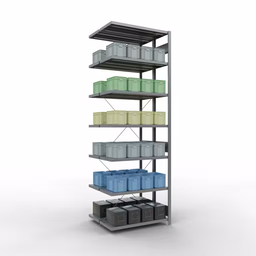 Rayonnage supplémentaire, rayonnage double, système d'étagères MULTIplus250, 3000 x 1000 x (2x400) mm, 2x7 rayons, traverse, galvanisé avec réf. 14247-A Rayonnage supplémentaire, rayonnage double, système d'étagères MULTIplus250, 3000 x 1000 x (2x400) mm, 2x7 étagères, traverse, galvanisé de Schulte Lagertechnik de la catégorie étagères