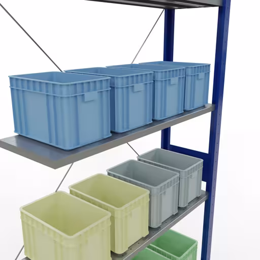 Un'altra vista dell'articolo Scaffali aggiuntivi, ripiano per scaffali, sistema a innesto MULTIplus150, 3000 x 1000 x 300 mm (AxLxP), 7 ripiani, traversa, RAL 5010/zincato della categoria Sistema a innesto