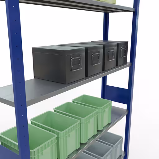 Étagère de base, étagère, système enfichable MULTIplus150, 3000 x 1300 x 300 mm (HxLxP), 7 étagères, barres de longueur, RAL 5010 bleu gentiane/galvanisé avec la référence réf. 12732-130-LR-B Étagère de base, étagère, système enfichable MULTIplus150, 3000 x 1300 x 300 mm, 7 étagères, RAL 5010 bleu gentiane/galvanisé de Schulte Lagertechnik de la catégorie système enfichable