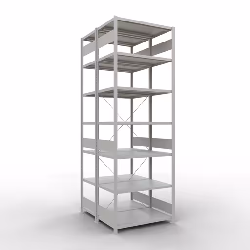 Étagère de base, étagère double, système d'étagères MULTIplus250, 3000 x 1000 x (2x600) mm (HxLxP), 2x7 étagères, traverse, RAL 7035 gris clair, étagères doubles, réf. 32162-G