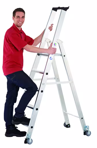 Aluminium-Stehleiter, einseitig begehbar, mit Rollen, Arbeitshöhe ca. 3,75 m aus der Kategorie Stehleitern mit der Artikelnummer 34897