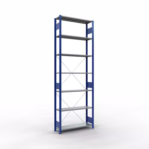 Scaffale base, scaffale, sistema a innesto MULTIplus150, 3000 x 1000 x 300 mm (AxLxP), 7 ripiani, traversa, RAL 5010/zincato di Schulte Lagertechnik della categoria Sistema a innesto