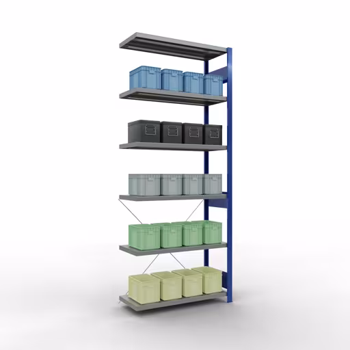 Image du produit n° 11 de l'article Rayonnage complémentaire, rayonnage à étagères, système enfichable MULTIplus330, 2500 x 1000 x 400 mm (HxLxP), 6 étagères, traverse, RAL 5010 bleu gentiane/galvanisé Figure n° 11 de l'article étagère complémentaire, étagère à étagères, système enfichable MULTIplus330, 2500 x 1000 x 400 mm, 6 étagères, RAL 5010 bleu gentiane/galvanisé du groupe de produits système enfichable de la marque Schulte Lagertechnik