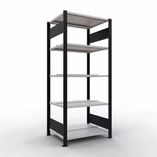 Scaffale base, scaffale per ufficio, sistema a innesto MULTIplus150, 1800 x 750 x 600 mm (AxLxP), 5 ripiani, barre longitudinali, con fermo centrale, nero/grigio chiaro di Schulte Lagertechnik Scaffale Basic, scaffale per ufficio, sistema a innesto MULTIplus150, 1800 x 750 x 600 mm (AxLxP), 5 ripiani, barre longitudinali, con fermo centrale, nero/grigio chiaro, sistema a innesto, articolo n. 36036-S