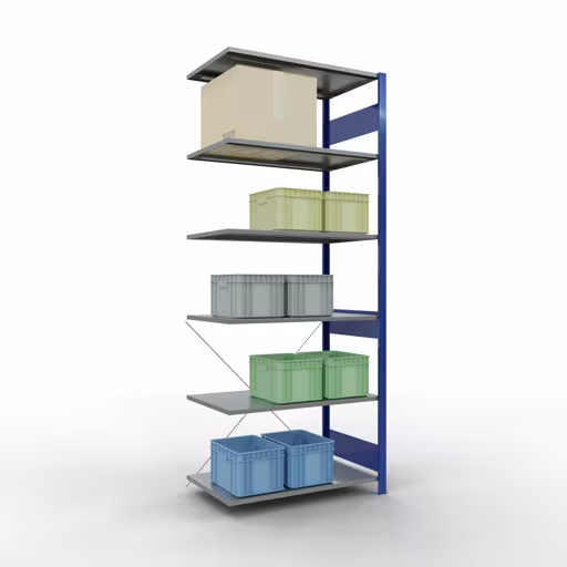 Produktbild Nr 14 des Artikels Anbauregal, Fachbodenregal Stecksystem MULTIplus85, 2500 x 1000 x 600 mm (HxBxT), 6 Fachböden, Kreuzstrebe, RAL 5010 enzianblau Abbildung Nr 14 des Artikels Anbauregal, Fachbodenregal Stecksystem MULTIplus85, 2500 x 1000 x 600 mm (HxBxT), 6 Fachböden, Kreuzstrebe, RAL 5010 enzianblau aus der Produktgruppe Stecksystem von der Marke Schulte Lagertechnik