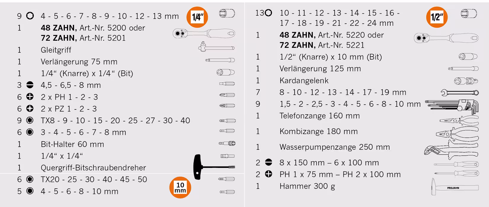 Produktgruppe proficraft Werkzeug-Koffer UNIVERSAL metrisch 6,3 + 12,5 98-teilig 1/4" + 1/2" proficraft Werkzeugkoffer 98-teilig 48 Zahn Knarren von der Marke PROJAHN aus der Kategorie Handwerkzeuge