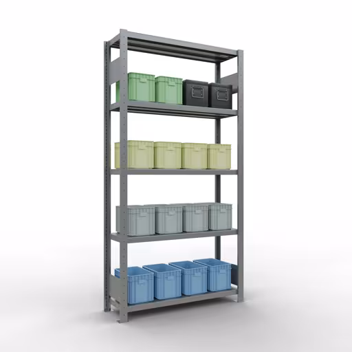 Figura n. 12 dell'articolo scaffale base, scaffale, sistema a innesto MULTIplus330, 2000 x 1000 x 300 mm (AxLxP), 5 ripiani, barre longitudinali, zincato del gruppo di prodotti sistema a innesto della marca Schulte Lagertechnik