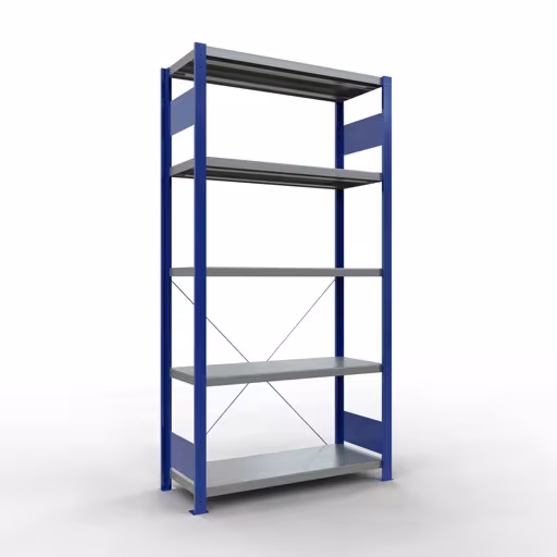 Figura n. 13 dell'articolo scaffale base, scaffale, sistema a innesto MULTIplus330, 2000 x 1000 x 400 mm (AxLxP), 5 ripiani, traversa, RAL 5010 blu genziana/zincato del gruppo di prodotti sistema a innesto della marca Schulte Lagertechnik