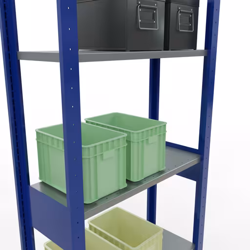 Représentation supplémentaire de l'article étagère de base, étagère à étagères, système enfichable MULTIplus150, 2500 x 750 x 300 mm, 6 étagères, RAL 5010 bleu gentiane/galvanisé/galvanisé à partir de l'étagère de base