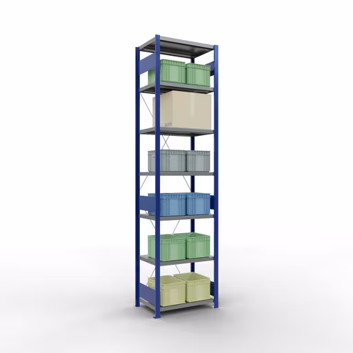 Étagère de base, étagère à étagères, système enfichable MULTIplus250, 3000 x 750 x 500 mm, 7 étagères, traverse, RAL 5010 bleu gentiane/galvanisé/galvanisé de Schulte Lagertechnik avec le numéro d'article. 12952-75-B