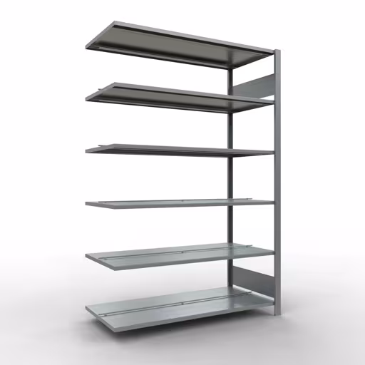 Scaffale aggiuntivo, scaffale per ufficio, sistema a innesto MULTIplus150, 2000 x 1300 x 600 mm (AxLxP), 6 ripiani, barre longitudinali, zincato, con fermo centrale di Schulte Lagertechnik Scaffale aggiuntivo, scaffale per ufficio, sistema a innesto MULTIplus150, 2000 x 1300 x 600 mm (AxLxP), 6 ripiani, barre longitudinali, zincato, con fermo centrale, sistema a innesto, articolo n. 17747