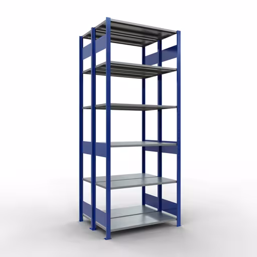 Étagère de base, étagère double, système d'étagères MULTIplus150, 2500 x 1000 x (2x400) mm (HxLxP), 2x6 étagères, barres de longueur, RAL 5010 bleu gentiane, étagères doubles, réf. 33141-B
