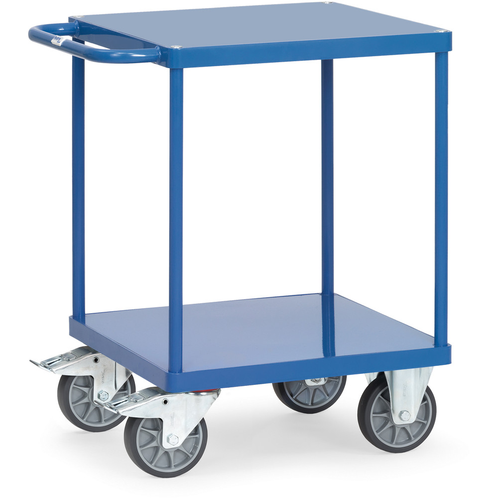 Carrello da tavolo 2496B - Piattaforme in lamiera d'acciaio a filo, verniciate a polvere blu brillante RAL 5007 2 piattaforme in lamiera d'acciaio, a filo nel telaio, del marchio Fetra Carrello da tavolo quadrato - piattaforme in lamiera d'acciaio a filo, 2 ripiani, della categoria carrelli da tavolo con numero di articolo 2496B