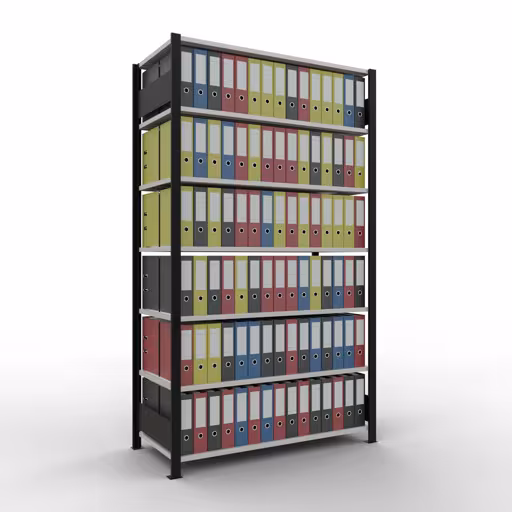 Produktbild Nr 13 des Artikels Grundregal, Büro-Fachbodenregal Stecksystem MULTIplus150, 2300 x 1300 x 600 mm (HxBxT), 7 Fachböden, Längenriegel, ohne Mittelanschlag, schwarz/lichtgrau Abbildung Nr 13 des Artikels Grundregal, Büro-Fachbodenregal Stecksystem MULTIplus150, 2300 x 1300 x 600 mm (HxBxT), 7 Fachböden, Längenriegel, ohne Mittelanschlag, schwarz/lichtgrau aus der Produktgruppe Büroregale von der Marke Schulte Lagertechnik