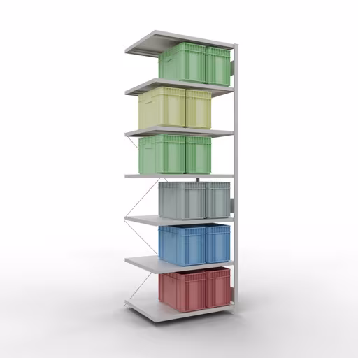 Étagère supplémentaire, étagère, système enfichable MULTIplus250, 3000 x 1000 x 800 mm, 7 étagères, traverse, RAL 7035 gris clair avec le GTIN 4004514222688 , Système de rayonnage à étagères MULTIplus250, 3000 x 1000 x 800 mm, 7 étagères, RAL 7035 gris clair de Schulte Lagertechnik avec la référence réf. 32887