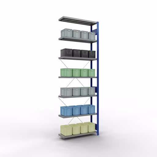 Figure n° 12 de l'article étagère complémentaire, étagère à étagères, système enfichable MULTIplus330, 3000 x 1000 x 300 mm, 7 étagères, RAL 5010 bleu gentiane/galvanisé du groupe de produits système enfichable de la marque Schulte Lagertechnik