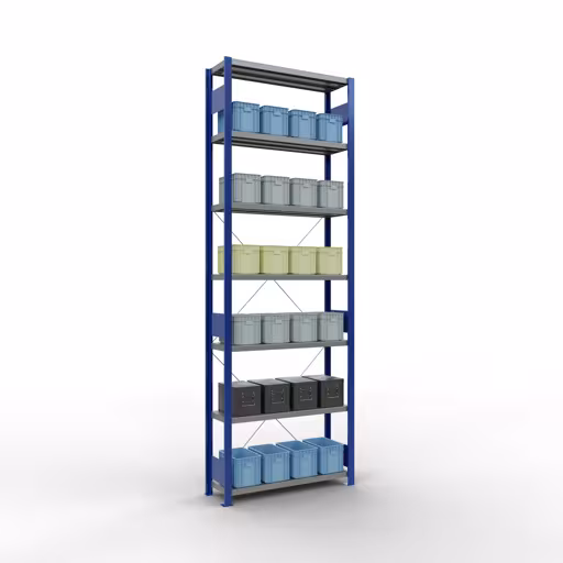 Image du produit n°6 de l'article étagère de base, système enfichable MULTIplus250, 3000 x 1000 x 300 mm, 7 étagères, RAL 5010 bleu gentiane/galvanisé de la gamme de produits système enfichable de la marque Schulte Lagertechnik