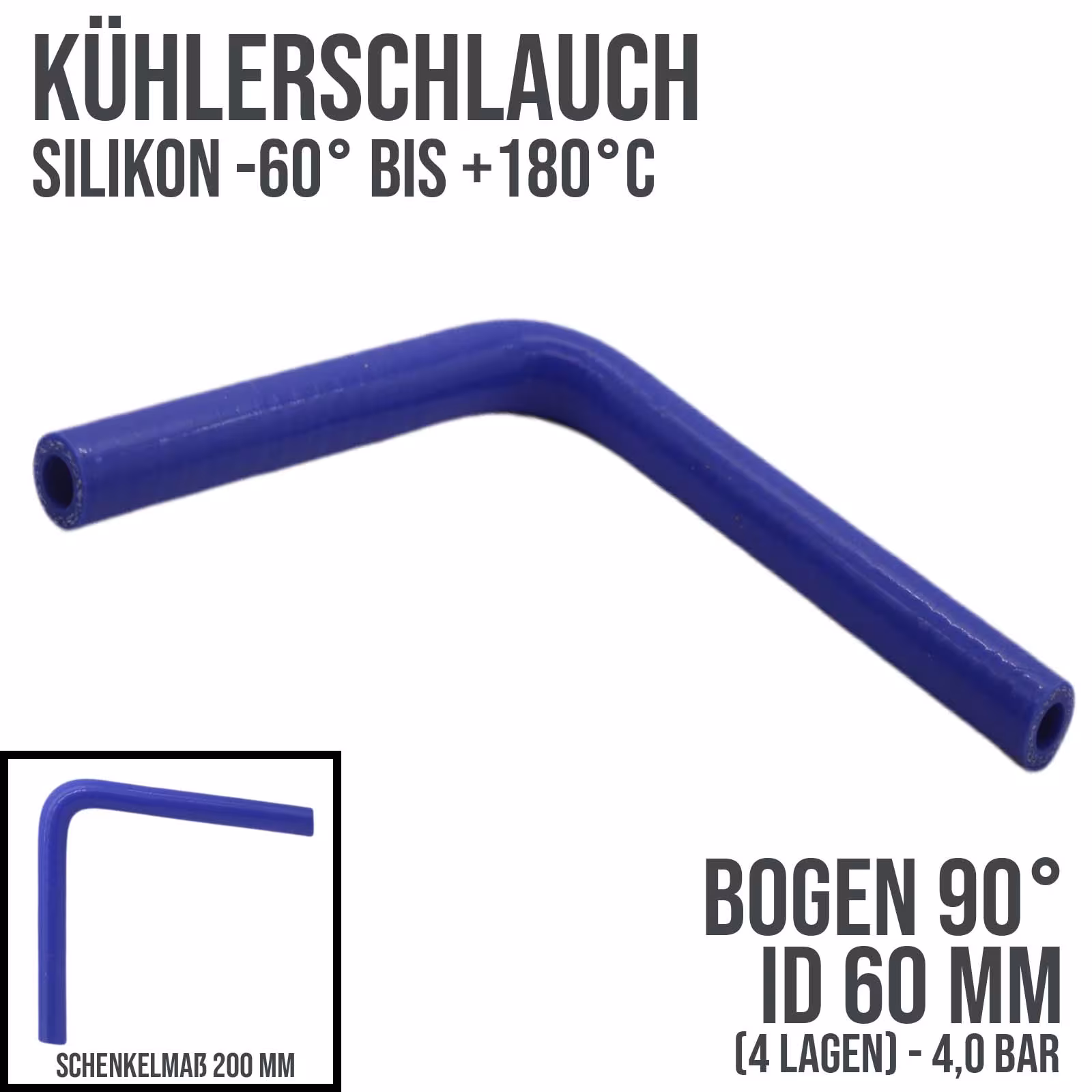 Durite de radiateur 60 x 70 mm, coude en silicone 90° LLK Durite de liquide de refroidissement d'air de suralimentation bleu (4,0 bar) - 200 mm de la catégorie durites de liquide de refroidissement avec le numéro d'article KSB060-090-200GA