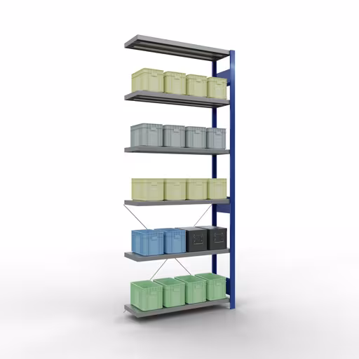 Image du produit n° 15 de l'article étagère supplémentaire, système enfichable MULTIplus250, 2500 x 1000 x 300 mm, 6 étagères, RAL 5010 bleu gentiane/galvanisé de la gamme de produits système enfichable de la marque Schulte Lagertechnik