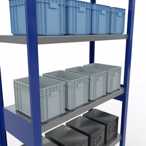 Image du produit n° 13 de l'article étagère de base, étagère, système enfichable MULTIplus330, 2500 x 1000 x 400 mm, 6 étagères, barres de longueur, RAL 5010 bleu gentiane/galvanisé Figure n° 13 de l'article étagère de base, étagère, système enfichable MULTIplus330, 2500 x 1000 x 400 mm, 6 étagères, RAL 5010 bleu gentiane/galvanisé du groupe de produits système enfichable de Schulte Lagertechnik