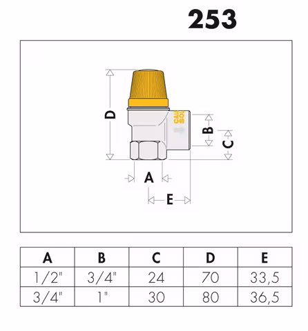Soupape de sécurité pour installations solaires 1/2 pouce 2,5-10 bar, Accessoires thermosolaires, réf. 253040