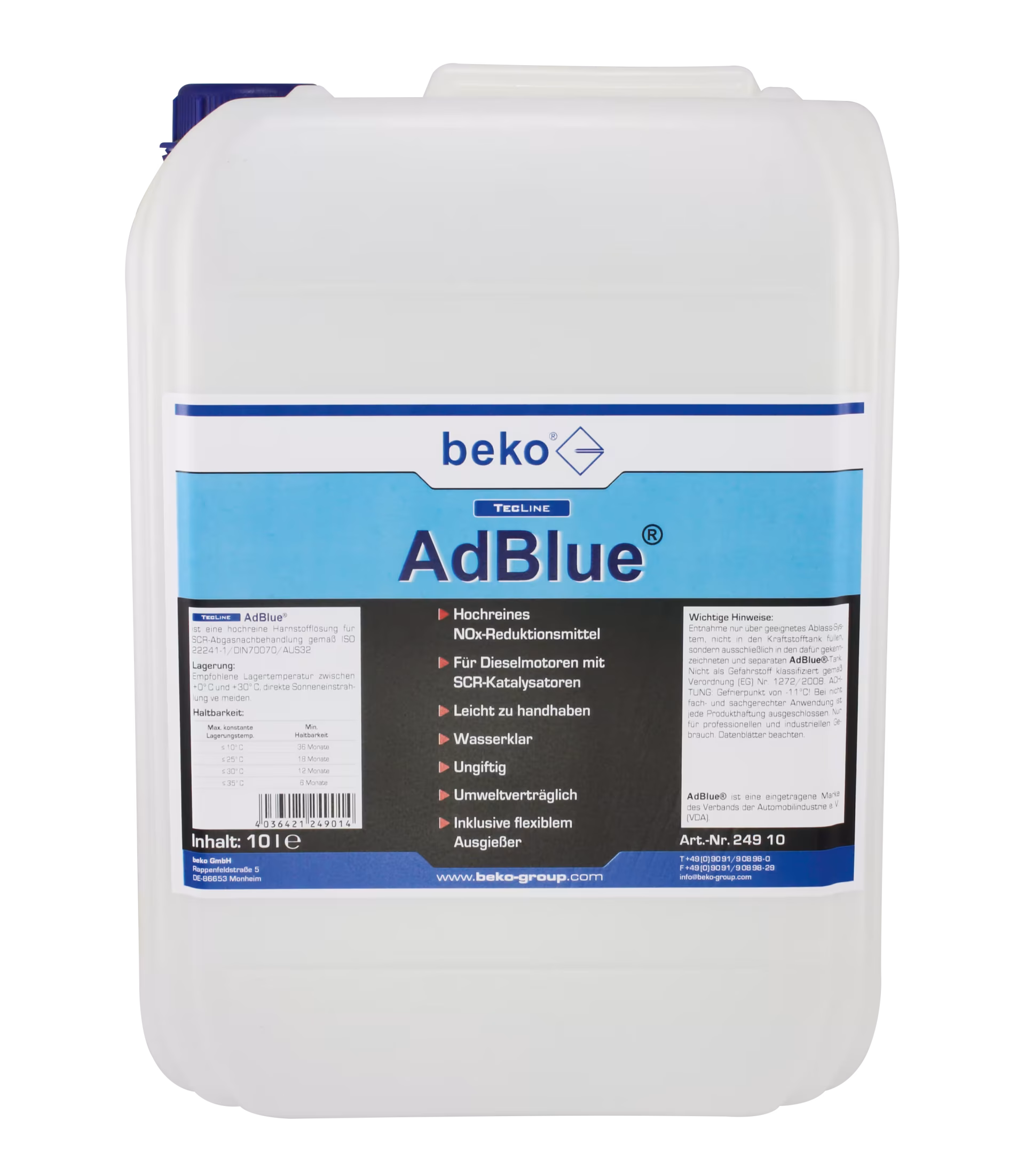 AdBlue® 10 l, AUS 32 selon ISO 22241-1, avec goulotte de remplissage de Beko AdBlue® 10 l, AUS 32 selon ISO 22241-1, avec goulotte de remplissage de la catégorie des produits d'entretien automobile avec réf. 249 10