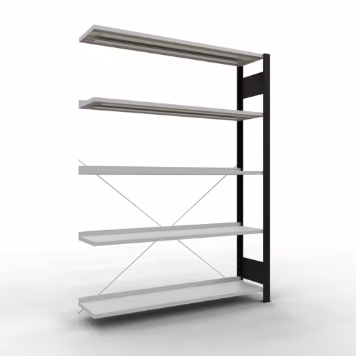 Scaffale aggiuntivo, scaffale per ufficio, sistema a innesto MULTIplus85, 1800 x 1300 x 300 mm (AxLxP), 5 ripiani, traversa, con barra di arresto, nero/grigio chiaro di Schulte Lagertechnik Scaffale aggiuntivo, scaffale per ufficio, sistema a innesto MULTIplus85, 1800 x 1300 x 300 mm (AxLxP), 5 ripiani, traversa, con listello di arresto, nero/grigio chiaro, sistema a innesto, articolo n. 36005-S