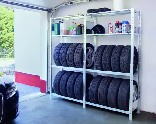 Image du produit n° 10 de l'article étagère de base, kit d'étagères de garage MULTIplus150, 2000 x 1000 x 400 mm, galvanisé, 2 étagères, 2 niveaux de pneus 50 kg par niveau Figure n° 10 de l'article étagère de base, kit d'étagères de garage MULTIplus150, 2000 x 1000 x 400 mm, galvanisé, 2 étagères, 2 niveaux de pneus 150 kg par niveau du groupe de produits étagères de Schulte Lagertechnik