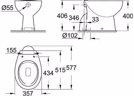 Technische Zeichnung 4069445 GROHE WC au sol Bau Keramik 39431 sans rinçage, sortie verticale, blanc alpin