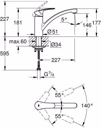 Technische Zeichnung 4006386 Miscelatore monocomando per lavello GROHE Eurosmart 33281 bocca piatta cromo