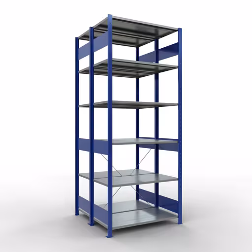 Un'altra vista dell'articolo Scaffale base, scaffale doppio, sistema a innesto per scaffale MULTIplus150, 2500 x 1000 x (2x500) mm (AxLxP), 2x6 ripiani, traversa, RAL 5010 blu genziana dalla categoria Scaffali