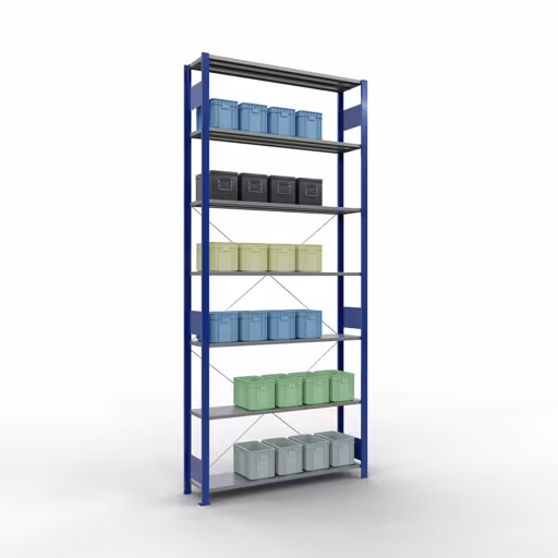 Scaffale base, scaffale, sistema a innesto MULTIplus150, 3000 x 1300 x 300 mm (AxLxP), 7 ripiani, traversa, RAL 5010 blu genziana/zincato di Schulte Lagertechnik con l'articolo n. 12732-130-B