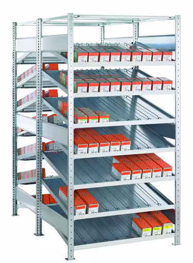 , étagère Kanban double MULTIplus150, 2000 x 1300 x 2x800 mm, galvanisée, 2x(7+1) étagères, sans séparateurs ni guides latéraux de Schulte Lagertechnik de la gamme d'étagères pour étagères