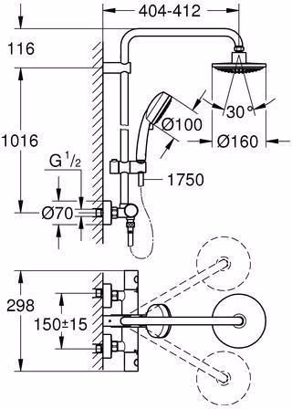 Technische Zeichnung 4037517 GROHE Système de douche Tempesta C 160 27922 avec thermostat 390 mm Bras de douche chromé