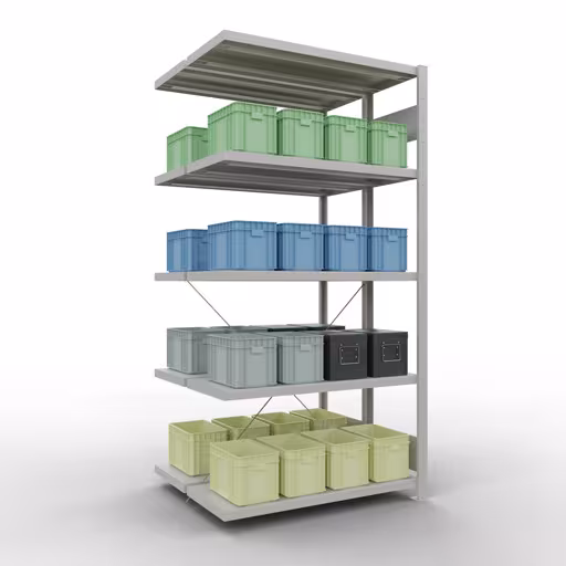 Une autre vue de l'article Tablette supplémentaire, tablette double, système d'étagères enfichables MULTIplus250, 2000 x 1000 x (2x400) mm, 2x5 tablettes, traverse, RAL 7035 gris clair Une autre vue de l'article, étagère double, système d'étagères MULTIplus250, 2000 x 1000 x (2x400) mm, 2x5 étagères, gris clair RAL 7035 de la catégorie étagère