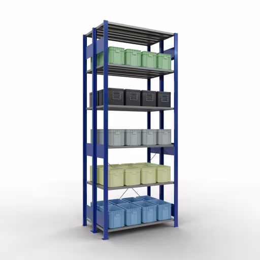 Immagine del prodotto n. 12 dell'articolo scaffale base, scaffale doppio, sistema a innesto per scaffale MULTIplus150, 2500 x 1000 x (2x300) mm, 2x6 ripiani, RAL 5010 blu genziana dalla gamma di prodotti scaffale della marca Schulte Lagertechnik