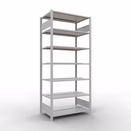 Étagère de base, étagère de bureau, système enfichable MULTIplus150, 2300 x 1000 x 600 mm (HxLxP), 7 tablettes, barres de longueur, avec butée centrale, gris clair, système enfichable, réf. 36049