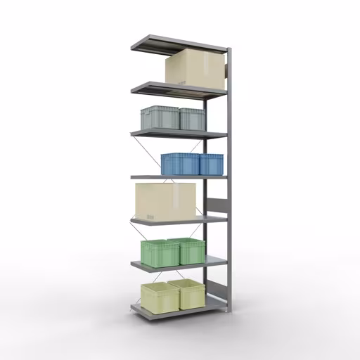 Scaffali componibili, scaffali, sistema a innesto MULTIplus250, 3000 x 1000 x 500 mm (AxLxP), 7 ripiani, traversa, zincato della categoria scaffali componibili con GTIN 4004514203052 Scaffali componibili, scaffali, sistema a innesto MULTIplus250, 3000 x 1000 x 500 mm (AxLxP), 7 ripiani, traversa, zincato della marca Schulte Lagertechnik della gamma dei sistemi a innesto