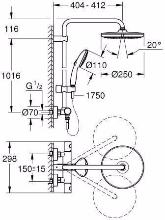 Technische Zeichnung 4037043 GROHE Duschsystem Tempesta 250 26670_1 Brause-Thermostatbatterie Kopfbrause Tempesta 250 chrom