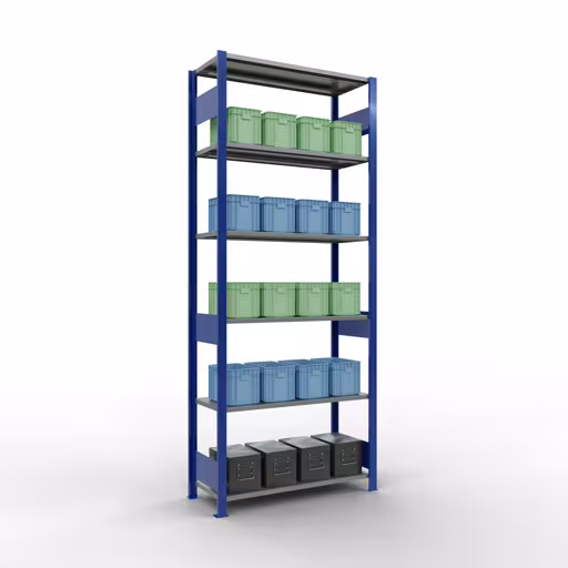 Étagère de base, étagère, système enfichable MULTIplus150, 2500 x 1000 x 400 mm, 6 étagères, barres de longueur, RAL 5010 bleu gentiane/galvanisé de la catégorie d'étagères de base avec le GTIN 4004514280015 Étagère de base, étagère, système enfichable MULTIplus150, 2500 x 1000 x 400 mm, 6 étagères, RAL 5010 bleu gentiane/galvanisé de Schulte Lagertechnik de la gamme de produits du système enfichable