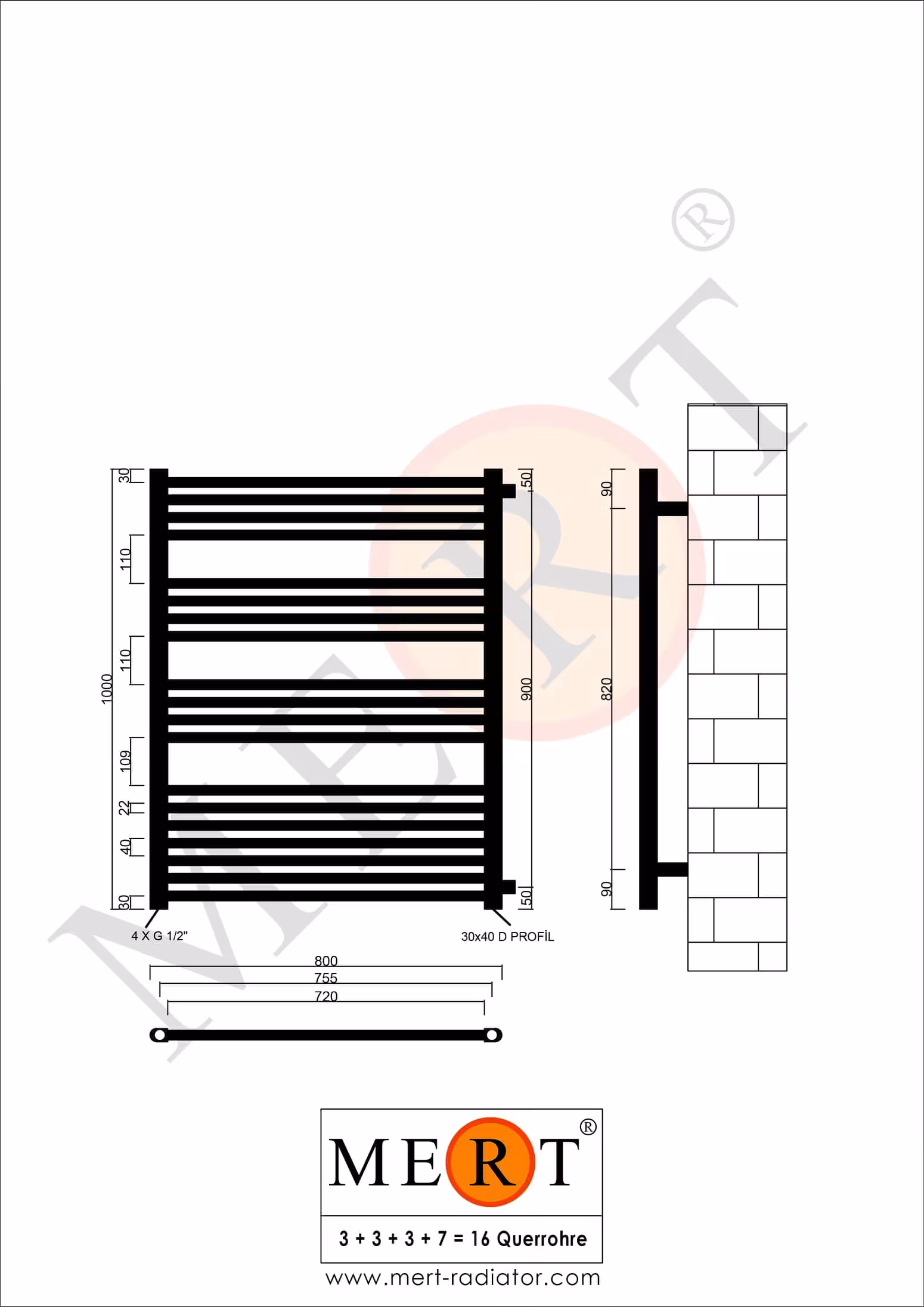 MERT Austausch Badheizkörper weiß gerade, 800*1000 mm, Anschluss an der Seite 900 mm von MERT mit der Artikelnr. 1-80x100-ASR-90