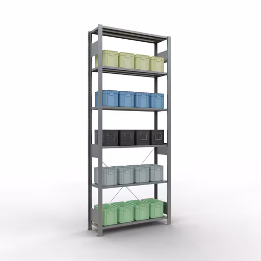 Produktbild Nr 15 des Artikels Grundregal, Fachbodenregal Stecksystem MULTIplus150, 2500 x 1000 x 300 mm (HxBxT), 6 Fachböden, Kreuzstrebe, verzinkt Abbildung Nr 15 des Artikels Grundregal, Fachbodenregal Stecksystem MULTIplus150, 2500 x 1000 x 300 mm (HxBxT), 6 Fachböden, Kreuzstrebe, verzinkt aus der Produktgruppe Stecksystem von der Marke Schulte Lagertechnik