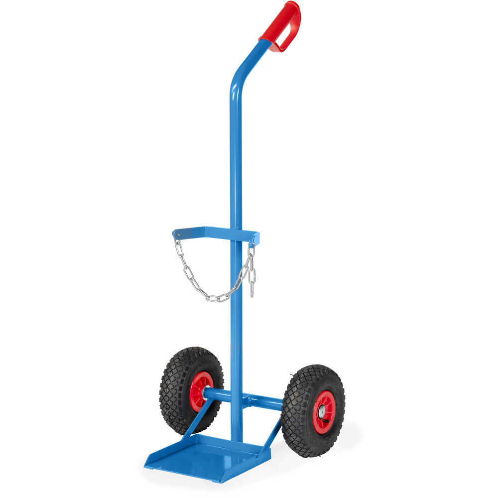 Chariot porte-bouteilles en acier de marque Fetra 51229L avec pneus pneumatiques Chariot porte-bouteilles en acier 1x229, fabriqué en tubes d'acier soudés, pour une bouteille de la catégorie chariot, référence 51229L.