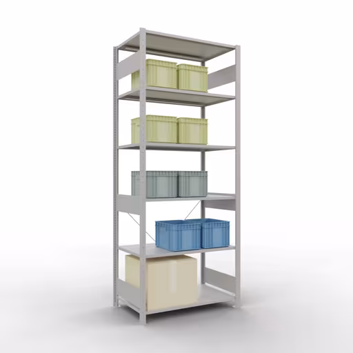 Image du produit n° 16 de l'article étagère de base, étagère, système enfichable MULTIplus85, 2500 x 1000 x 600 mm (HxLxP), 6 étagères, traverse, RAL 7035 gris clair Figure n° 16 de l'article étagère de base, système d'étagères enfichables MULTIplus85, 2500 x 1000 x 600 mm, 6 étagères, traverse, gris clair RAL 7035 du groupe de produits système enfichable de la marque Schulte Lagertechnik