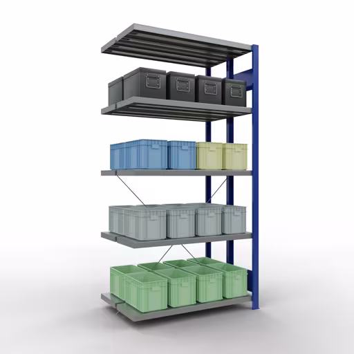 Scaffale aggiuntivo, scaffale doppio, sistema di scaffali MULTIplus250, 2000 x 1000 x (2x300) mm (AxLxP), 2x5 ripiani, traversa, RAL 5010 blu genziana della marca Schulte Lagertechnik dal programma scaffali